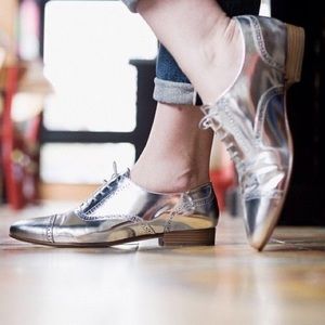J.Crew mirror metallic silver oxfords size 8. Made in Italy.